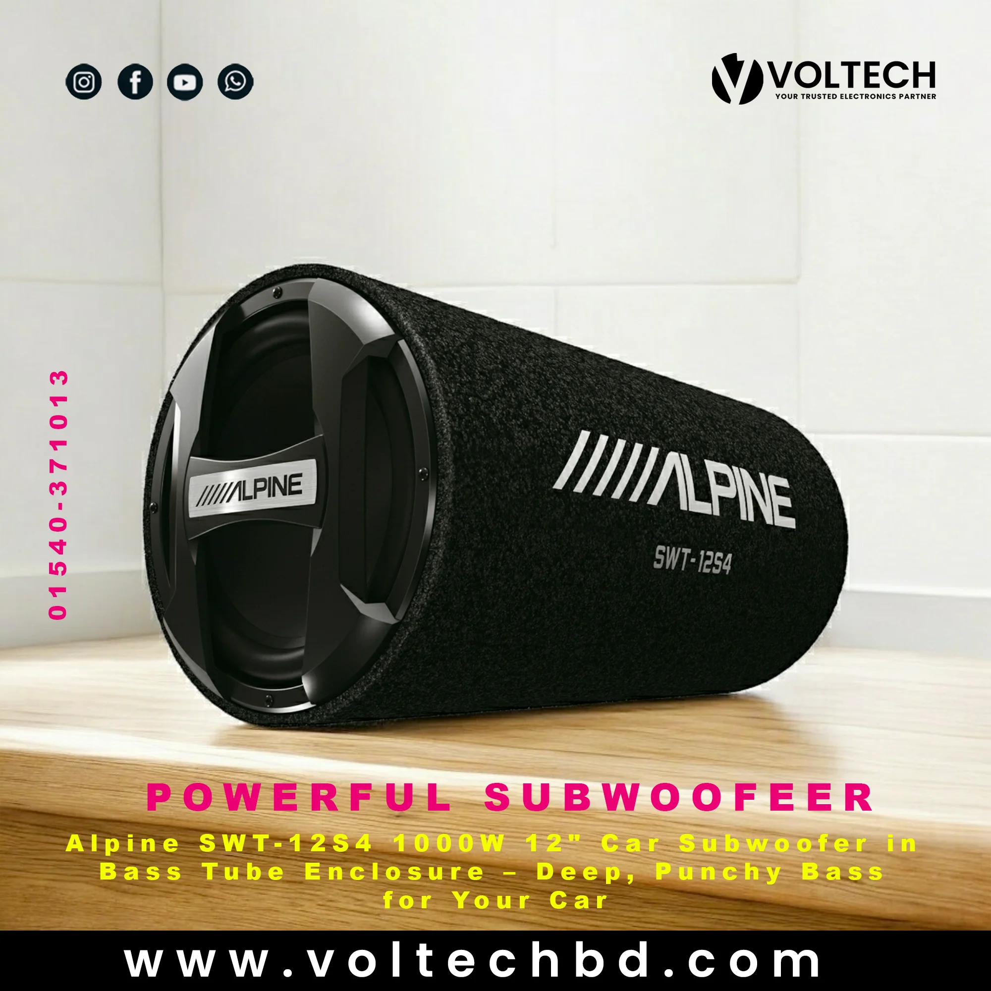 Alpine SWT-12S4 1000W 12" Car Subwoofer in Bass Tube Enclosure – Deep, Punchy Bass for Your Car